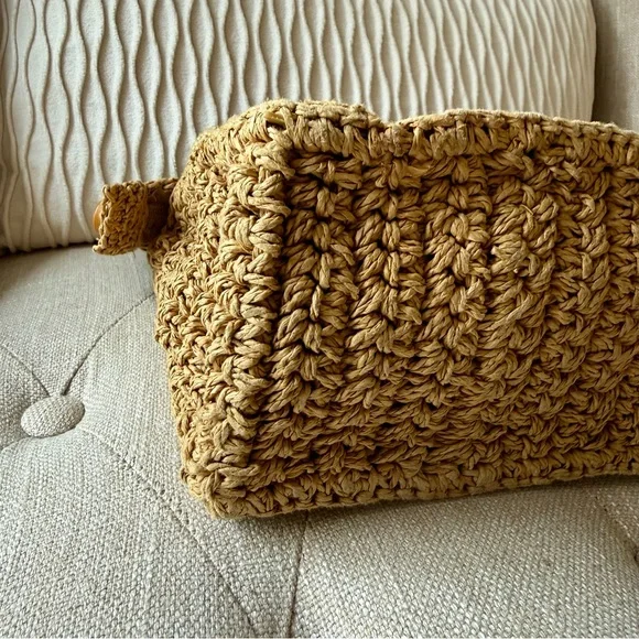 Fossil Vintage Straw Raffia Handbag Floral Lining Wood Handles - Picture 5 of 9